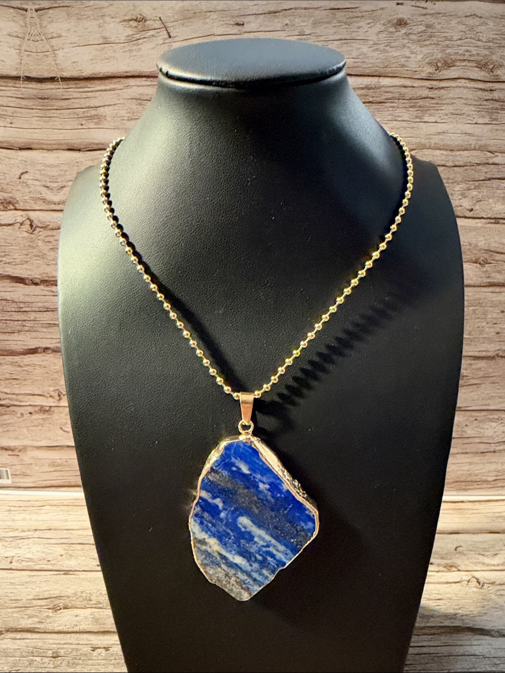 Gold Lapis Lazuli Pendant Natural Blue Stone Gold edge wall & Necklace